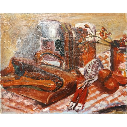 392 - Kitchen sink school/Camden school, still life, oil on canvas, unframed, initialed DMP