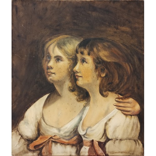 393 - English School, portrait of two sisters, watercolour on paper laid to canvas, unframed