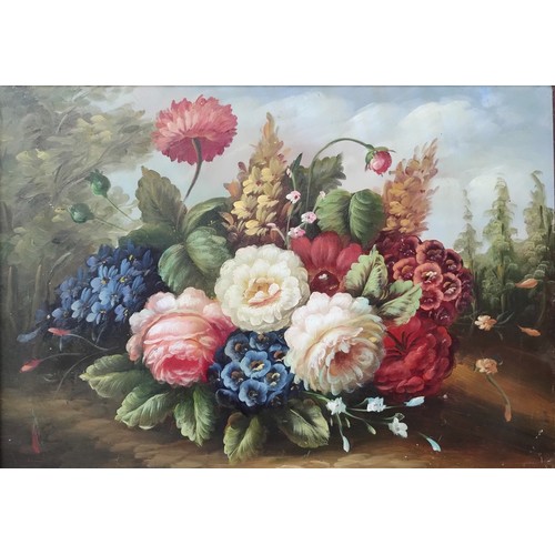 394 - English School, still life of flowers, oil on canvas, framed