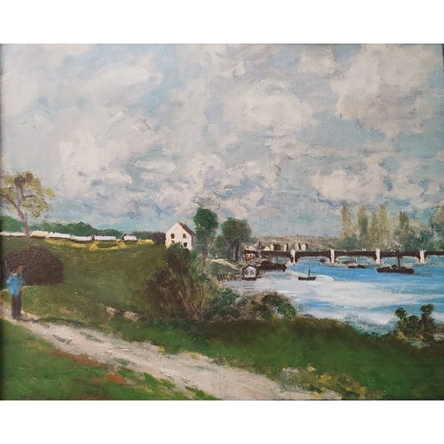 395 - French School, Impressionist landscape, oil on canvas laid on board, framed