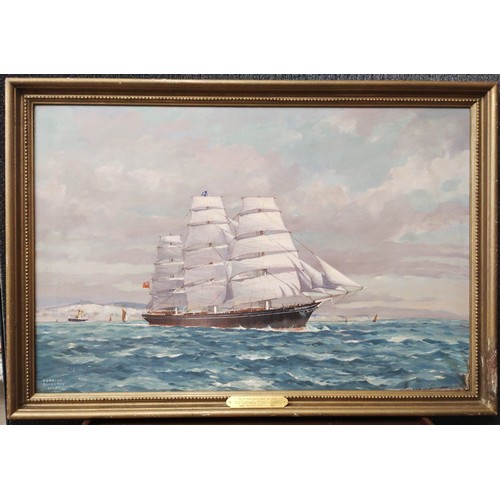 401 - Derrick Smoothy, Cutty Sark of white cliffs of Dover, acrylic on canvas, framed