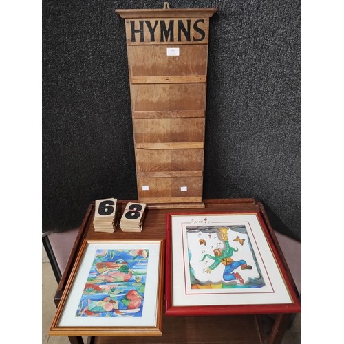 403 - A Hymn board and other assorted prints and pictures