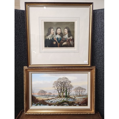 403A - Vincent Selby, rural landscape with figures oil on board, Mezzotint of Charles I, various other prin... 