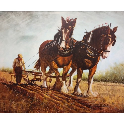 404 - A large Gillian Beale hand coloured oleograph, ploughing scene, framed