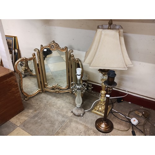 353 - Four assorted table lamps and a gilt and copper effect dressing table mirror