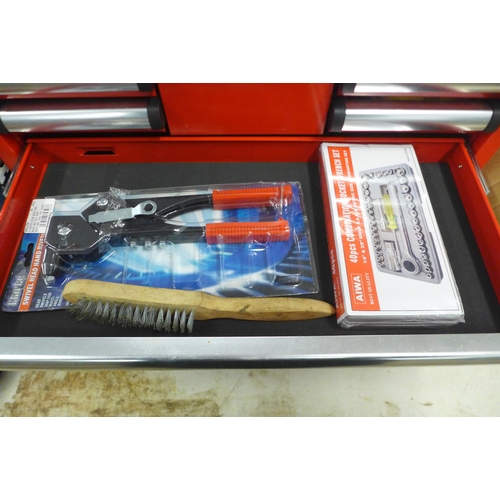 5010 - A red metal Clarke HD Plus 10 drawer tool chest ( missing one drawer) containing an assortment of to... 