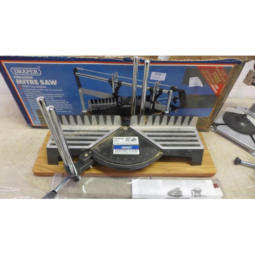 5048 - A Draper MS550 precision mitre saw, a Black and Decker drill press and power drill and a rotary mowe... 