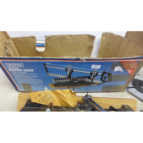 5048 - A Draper MS550 precision mitre saw, a Black and Decker drill press and power drill and a rotary mowe... 