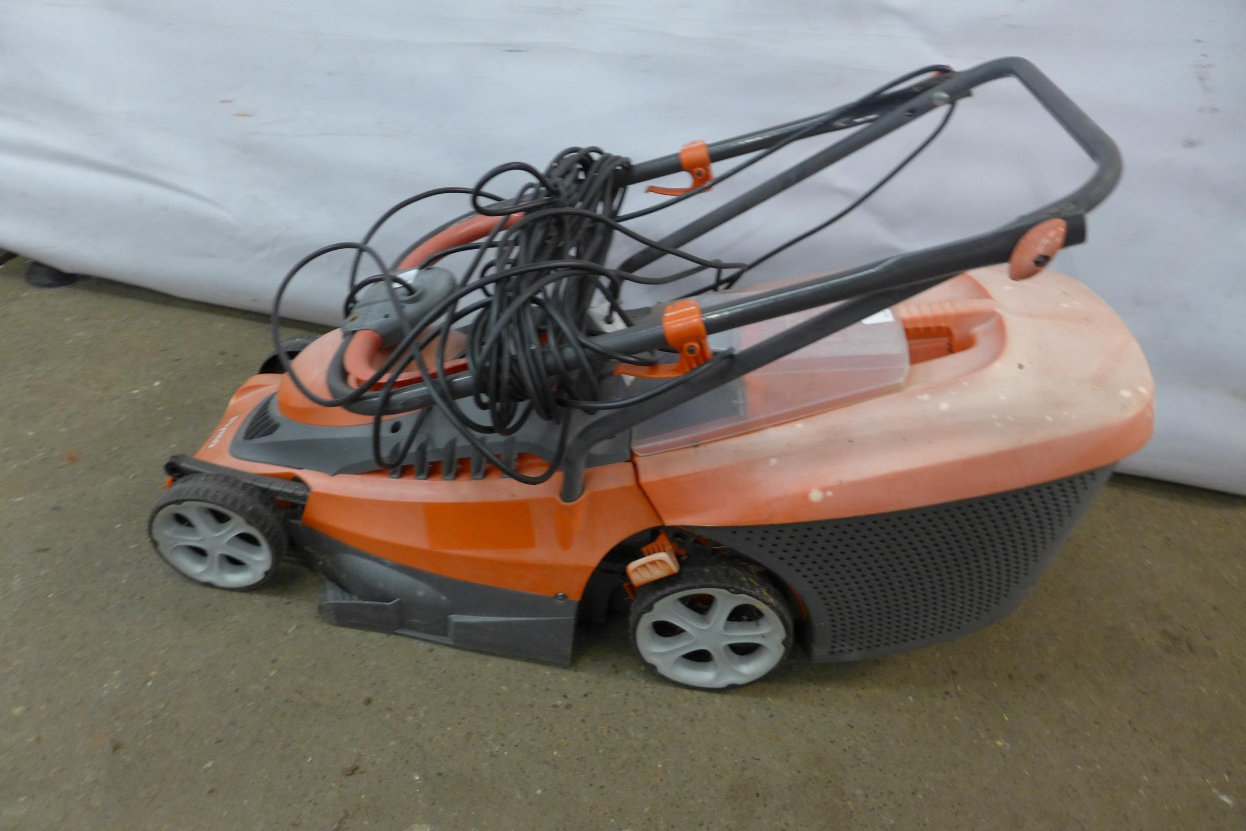 A Flymo Chevron 34VC, 240V electric lawn mower, with collection box