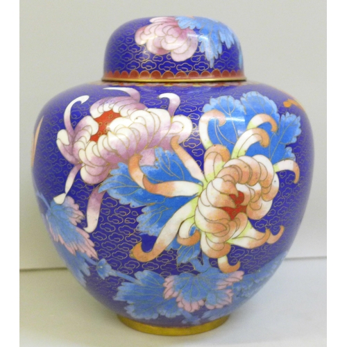 2002 - An oriental blue ground cloisonne ginger jar and cover, 20cm