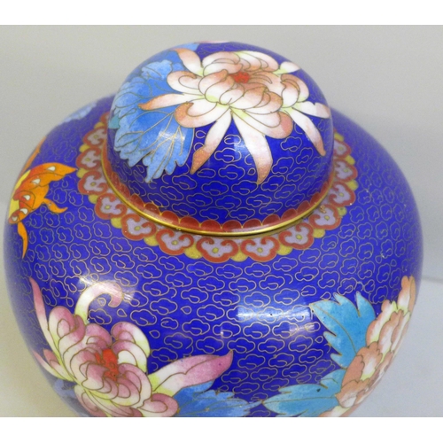 2002 - An oriental blue ground cloisonne ginger jar and cover, 20cm