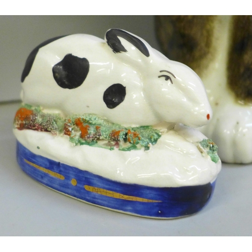 2005 - A Winstanley model cat, signed Mike Hinton, 23.5cm, and a Staffordshire rabbit