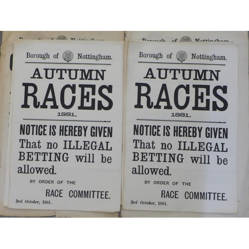 2046 - Eight Victorian racing posters/notices, 1878-1883, Borough of Nottingham, six Autumn Races and two O... 