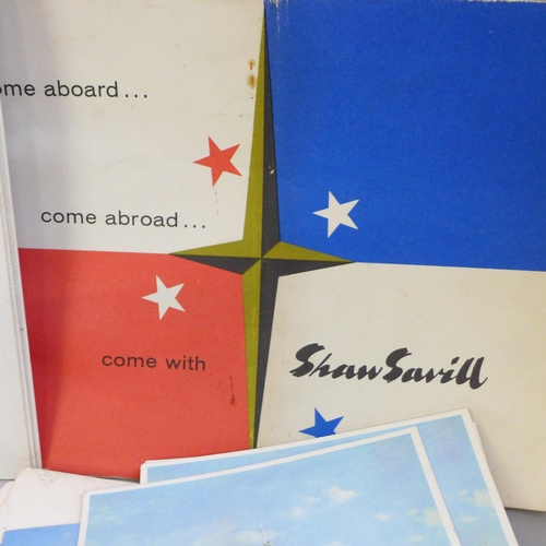 2054 - A collection of travel ephemera, P&O, Shaw Savill Line, NZ, cruise menus, postcards, guides, etc.