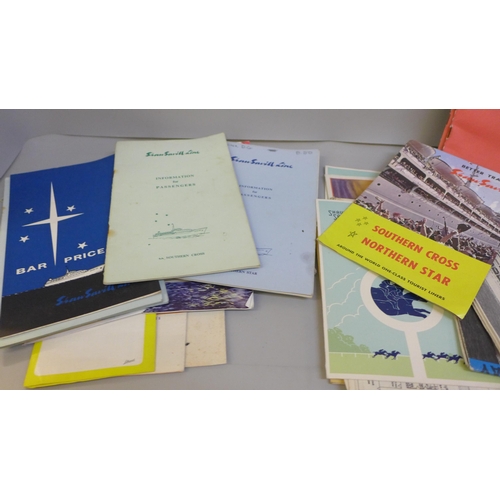 2054 - A collection of travel ephemera, P&O, Shaw Savill Line, NZ, cruise menus, postcards, guides, etc.