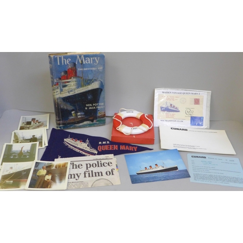 2063 - A collection of Queen Mary related ephemera, etc., including book, photographs, pennant, lifebuoy