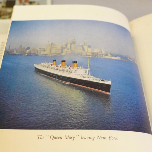 2063 - A collection of Queen Mary related ephemera, etc., including book, photographs, pennant, lifebuoy