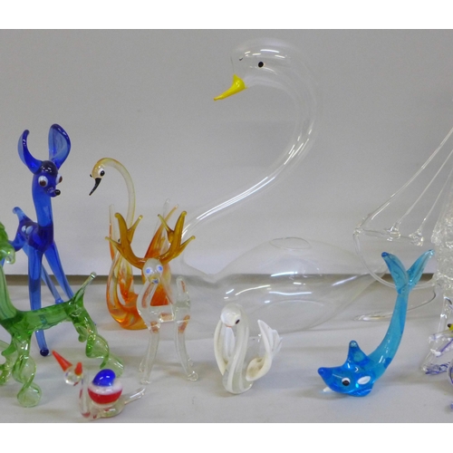 2068 - A collection of mainly miniature glass animal figures, some larger and a model ship, approximately t... 