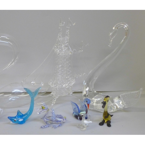 2068 - A collection of mainly miniature glass animal figures, some larger and a model ship, approximately t... 