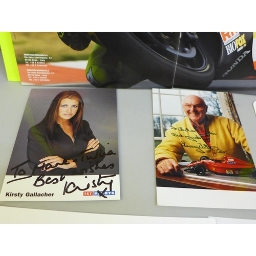 2080 - Motor racing autographs including a Honda brochure signed by Valentino Rossi, Murray Walker, Carl Fo... 