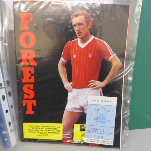 2097 - Football memorabilia; an album of 24 Nottingham Forest match tickets, home and away, six with match ... 