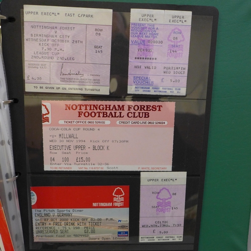 2097 - Football memorabilia; an album of 24 Nottingham Forest match tickets, home and away, six with match ... 