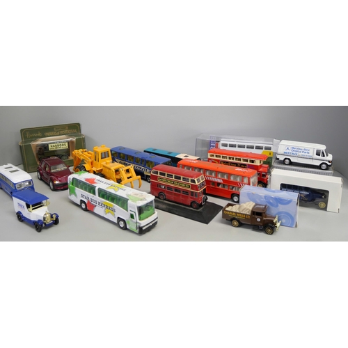 2158 - A box of die-cast model vehicles including boxed original Omnibus and a digger