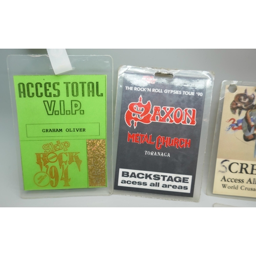 2187 - Eleven back stage passes, some signed and owned by Graham Oliver of Saxon