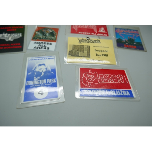 2187 - Eleven back stage passes, some signed and owned by Graham Oliver of Saxon