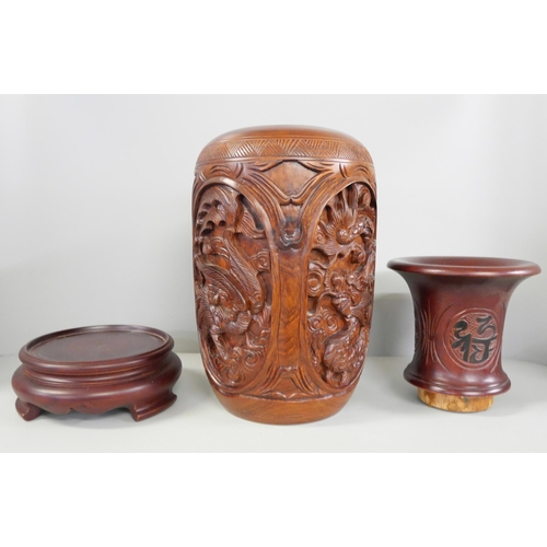 2222 - A large wooden Chinese vase/urn, hand carved, 47cm