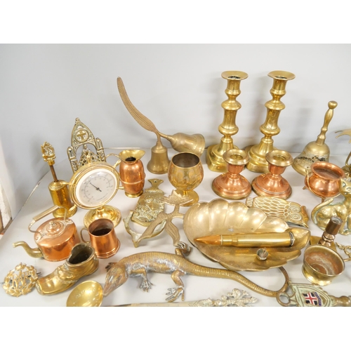 2229 - A collection of brass and copper including candlesticks, Spitfire, ashtrays and trinkets **PLEASE NO... 