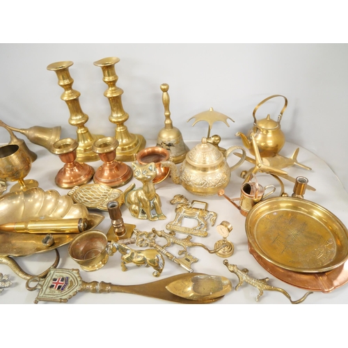 2229 - A collection of brass and copper including candlesticks, Spitfire, ashtrays and trinkets **PLEASE NO... 