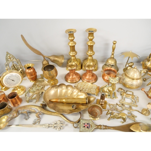 2229 - A collection of brass and copper including candlesticks, Spitfire, ashtrays and trinkets **PLEASE NO... 