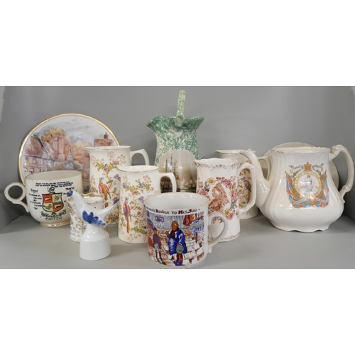 2233 - A Victorian teapot, a Tyke cup and saucer, A Yorkshireman's Advice to his Son mug, wash jug, three V... 