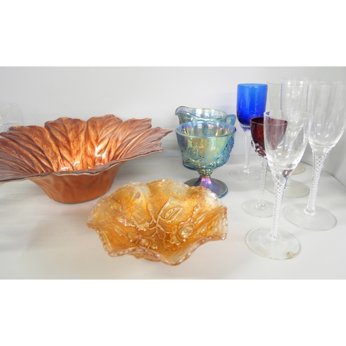 2236 - A collection of glass including carnival glass, ruby and blue glass wine glasses with twist stems, e... 