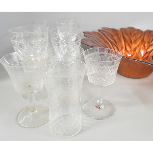 2236 - A collection of glass including carnival glass, ruby and blue glass wine glasses with twist stems, e... 