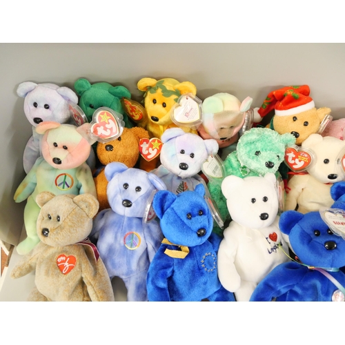 2240 - A box of twenty-four Ty Beanie babies, I Love New York, 2000 Holiday, Victory, CND, etc.