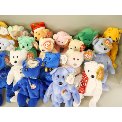 2240 - A box of twenty-four Ty Beanie babies, I Love New York, 2000 Holiday, Victory, CND, etc.