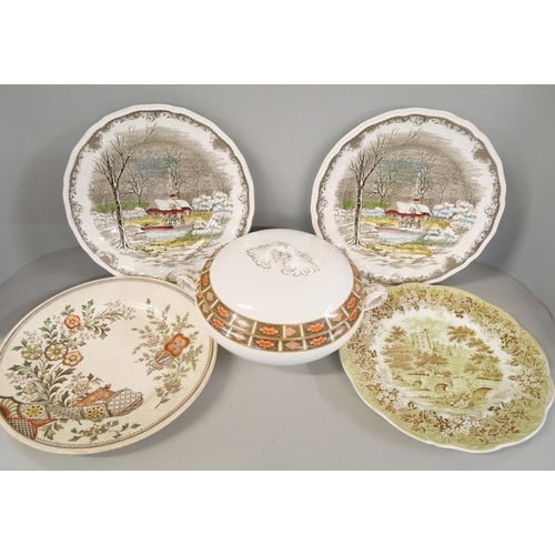 2242 - Two boxes of plates including Spode, Mason's etc., and a serving dish with lid, etc. **PLEASE NOTE T... 