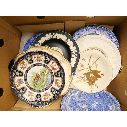 2242 - Two boxes of plates including Spode, Mason's etc., and a serving dish with lid, etc. **PLEASE NOTE T... 