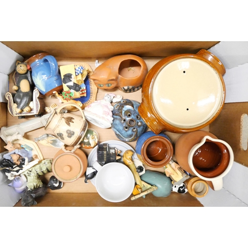 2249 - Two boxes of cat themed items comprising teapots, wall plates, Coalport and Royal Worcester and cat ... 