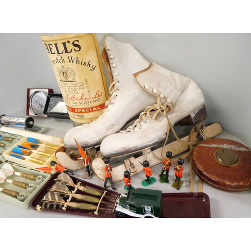 2258 - A box of assorted items to include ice skates, small stool, large Bell's scotch whiskey bottle, embr... 