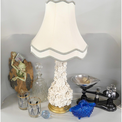 2261 - An Art Deco style glass dressing table set and decanter together with a table lamp, set of Salter sc... 