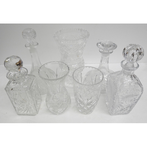 2262 - Three cut glass and pressed glass table lamps and a box of cut glass including a Waterford crystal t... 