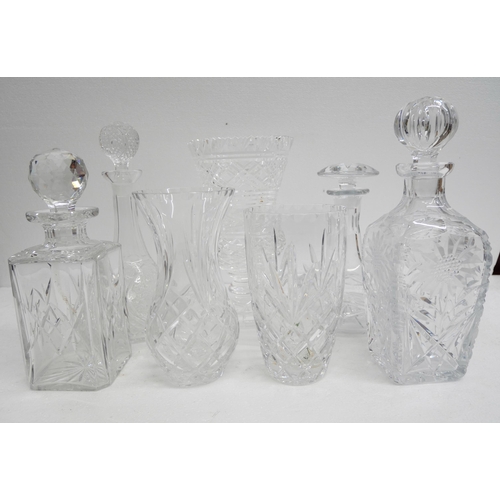 2262 - Three cut glass and pressed glass table lamps and a box of cut glass including a Waterford crystal t... 