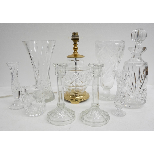 2262 - Three cut glass and pressed glass table lamps and a box of cut glass including a Waterford crystal t... 