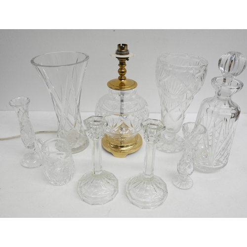 2262 - Three cut glass and pressed glass table lamps and a box of cut glass including a Waterford crystal t... 