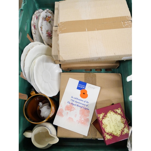 2268 - Three boxes of china, plates, teapot and jugs, Wedgwood, Crown Derby, Wade, Royal Doulton, etc. **PL... 