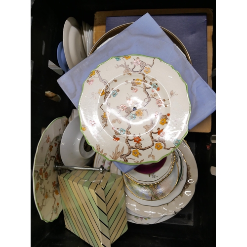 2268 - Three boxes of china, plates, teapot and jugs, Wedgwood, Crown Derby, Wade, Royal Doulton, etc. **PL... 