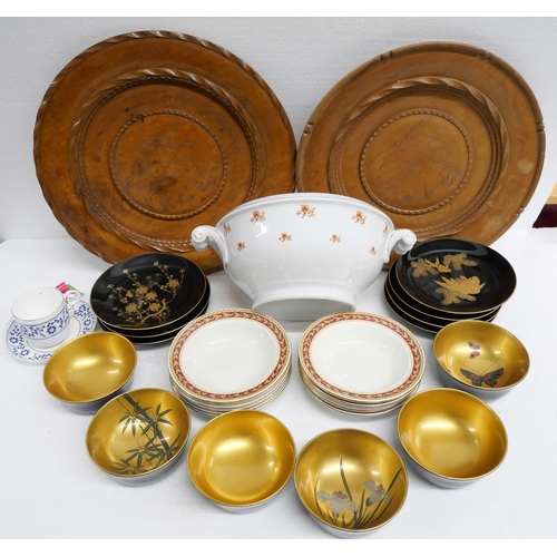 2270 - A collection of oriental paper mache plates and bowls with gilt detailing together with a Crown Derb... 